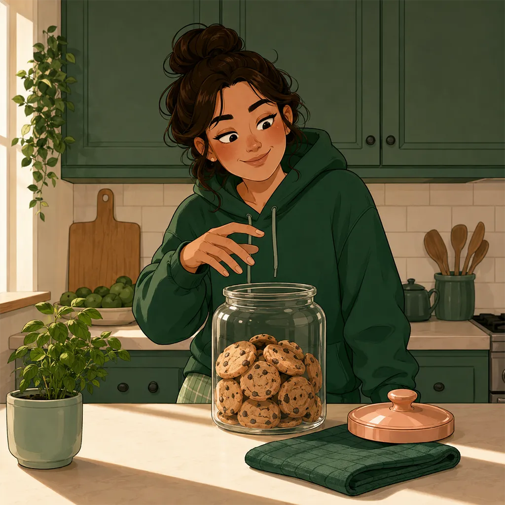 La main du personnage s'arrête au-dessus d'un pot à biscuits ouvert, avec un demi-sourire lucide et bienveillant.