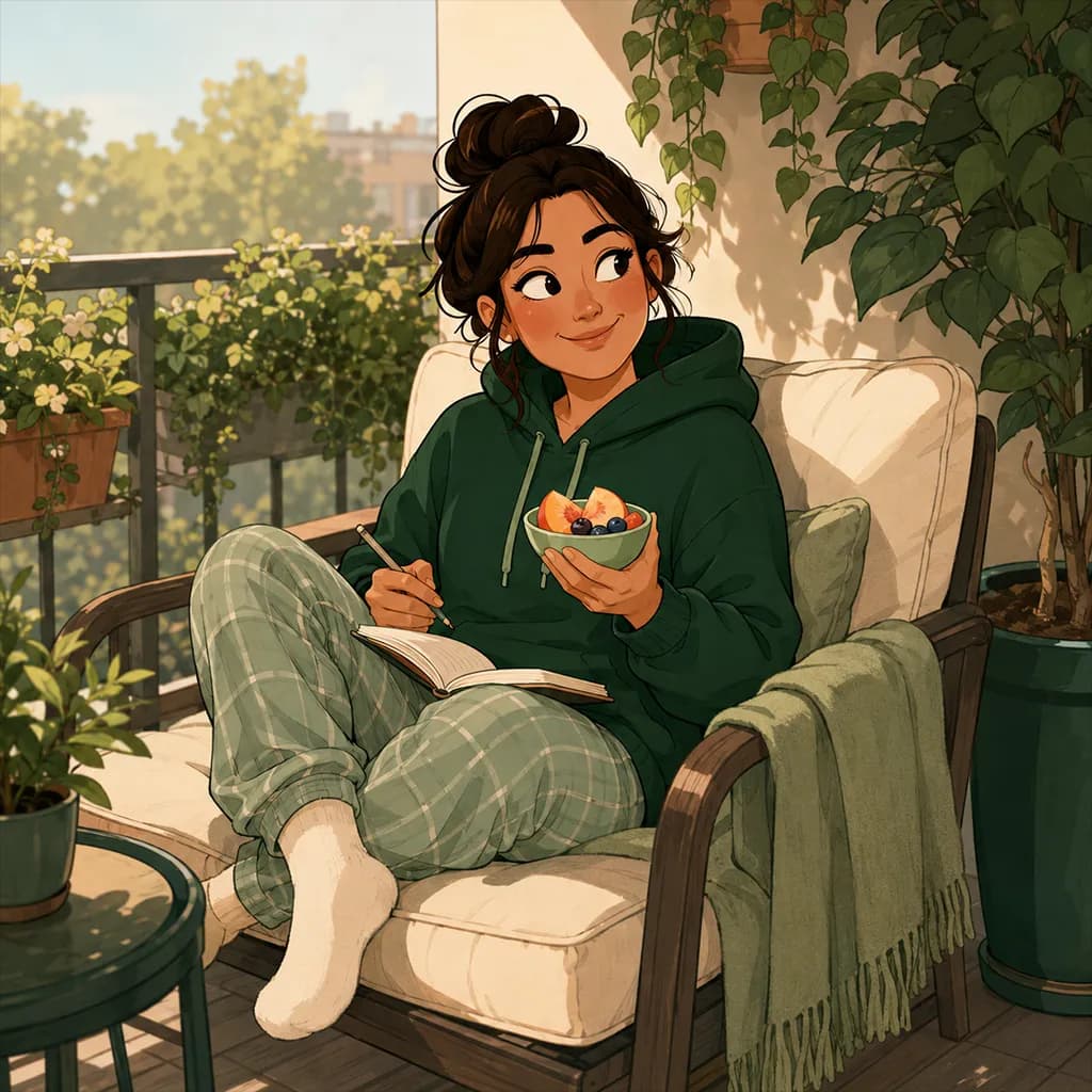 Le personnage détendu sur un balcon ensoleillé, un bol de fruits frais et un carnet ouvert sur les genoux, serein.