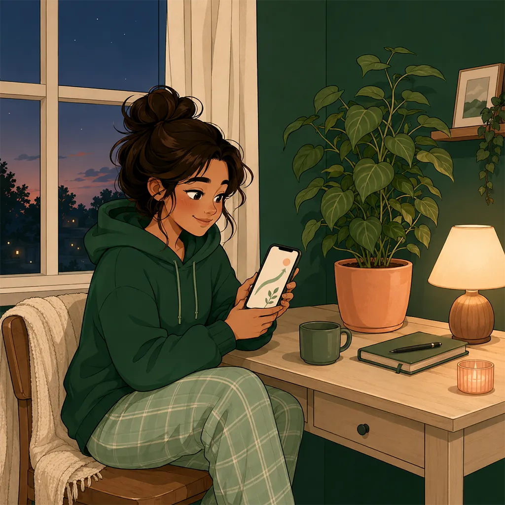 Le personnage fait un point du soir sur son téléphone (écran sans texte) près d'une vraie plante en pot qui a bien poussé.