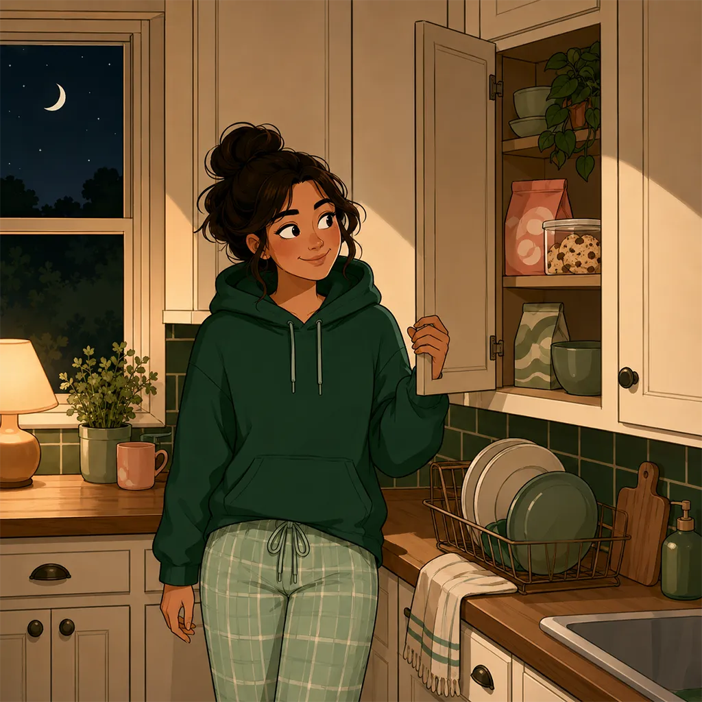 Le personnage devant un placard à en-cas ouvert le soir, un regard doux et complice vers une gourmandise, lumière chaude de lampe.