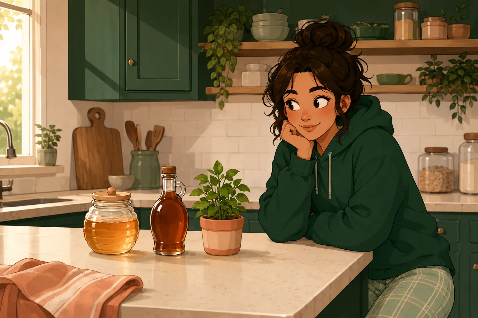Le personnage, menton posé sur la main, observe avec curiosité paisible un petit alignement d'alternatives au sucre sur un plan de travail crème baigné de lumière douce.