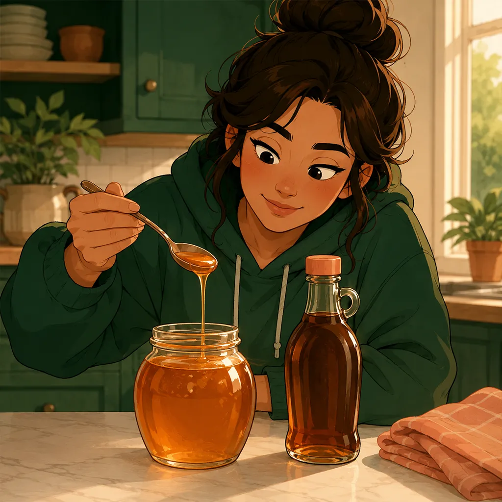 Un pot de miel et une bouteille de sirop d'érable dorés sous une lumière chaude, une cuillère fait couler le miel ; le personnage observe d'un air doux et complice.