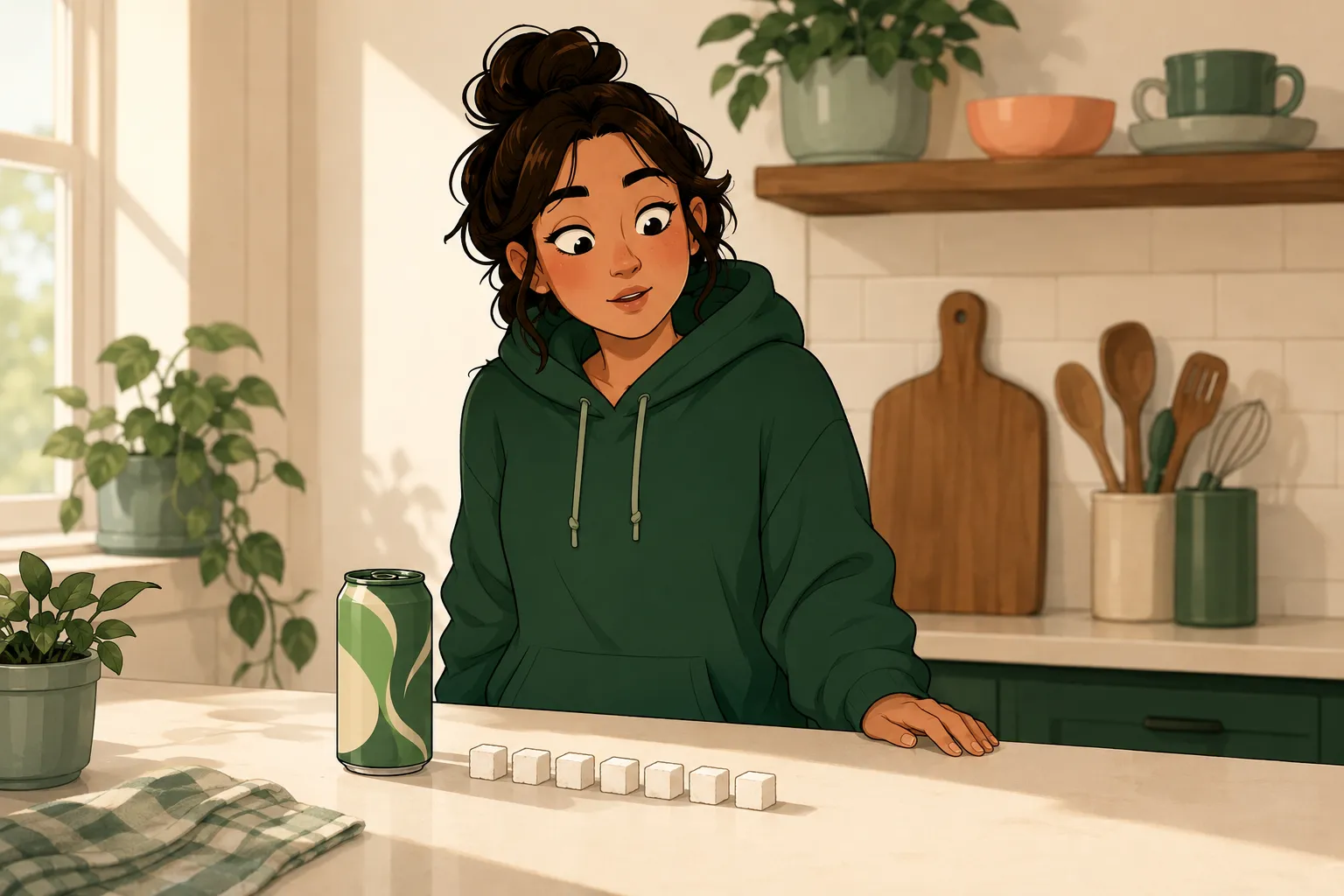 Le personnage regarde avec curiosite une canette de soda posee a cote d'une rangee de morceaux de sucre sur un plan de travail ensoleille.