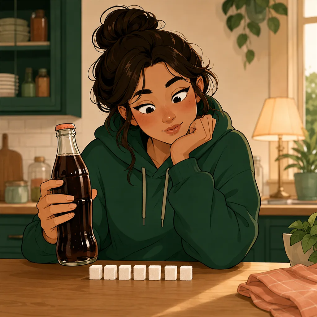 Le personnage tient une bouteille en verre et observe pensivement une petite pile de sept morceaux de sucre alignes a cote.