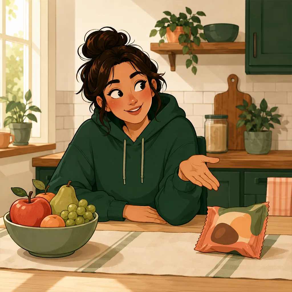 Le personnage compare d'un geste ouvert un bol de fruits frais et un snack emballe poses de part et d'autre de la table.