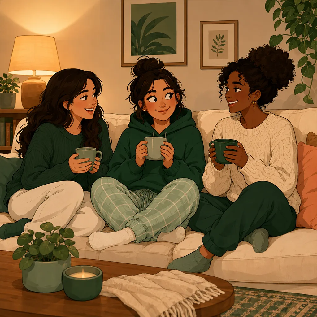 Dans un salon chaleureux, le personnage rit doucement sur un canape avec deux amis bienveillants, chacun une tasse en main.