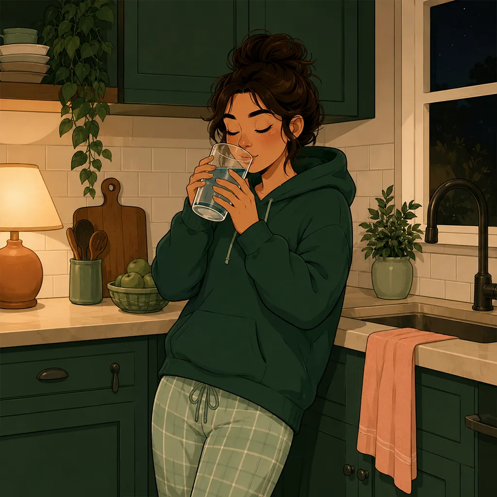 Le soir au plan de travail, le personnage fait une pause et boit un grand verre d'eau, calme et centre, avant de decider.