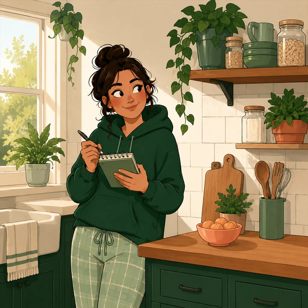 Dans la cuisine en journee, le personnage note curieusement une observation sur un carnet en regardant ses habitudes, sans culpabilite.