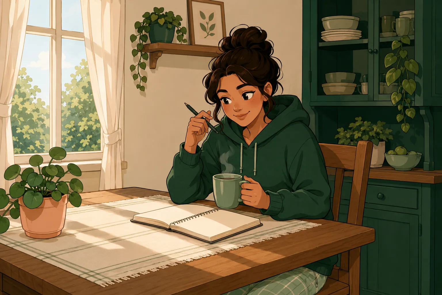 Le personnage assis a une table en bois, carnet ouvert et boisson chaude, planifie sa methode d'un air concentre et confiant.