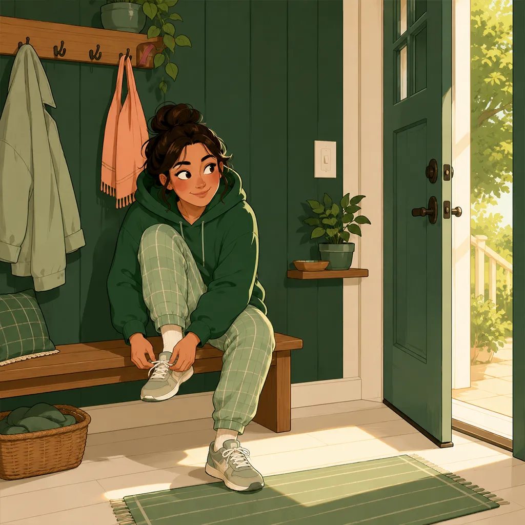 Dans l'entrée, le personnage enfile calmement ses chaussures pour une petite marche douce, lumière chaude par la porte.