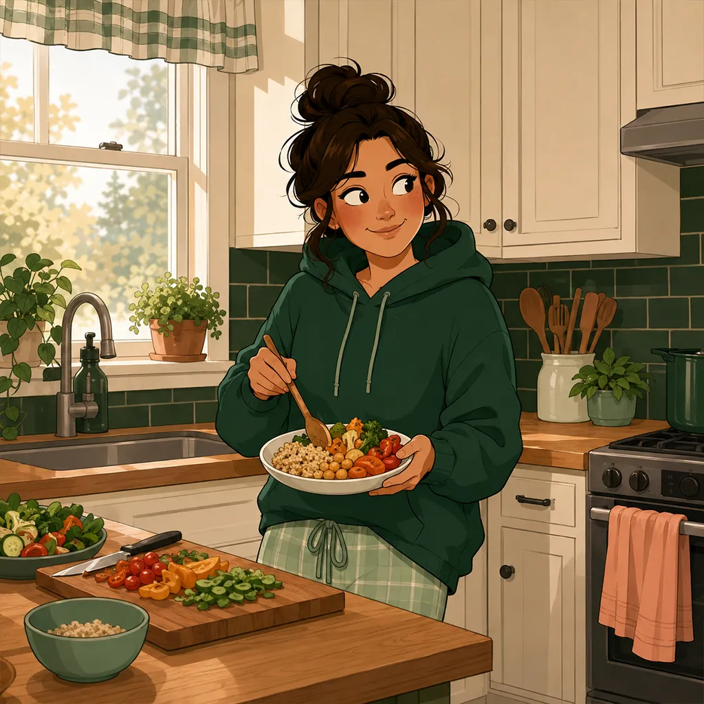 Dans la cuisine, le personnage compose sereinement une assiette normale et équilibrée, apaisé, sans se priver.