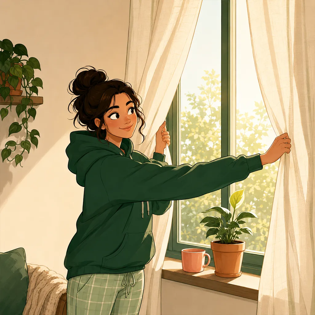 Un nouveau matin, le personnage ouvre les rideaux d'un sourire plein d'espoir, une plante à la feuille neuve sur le rebord.