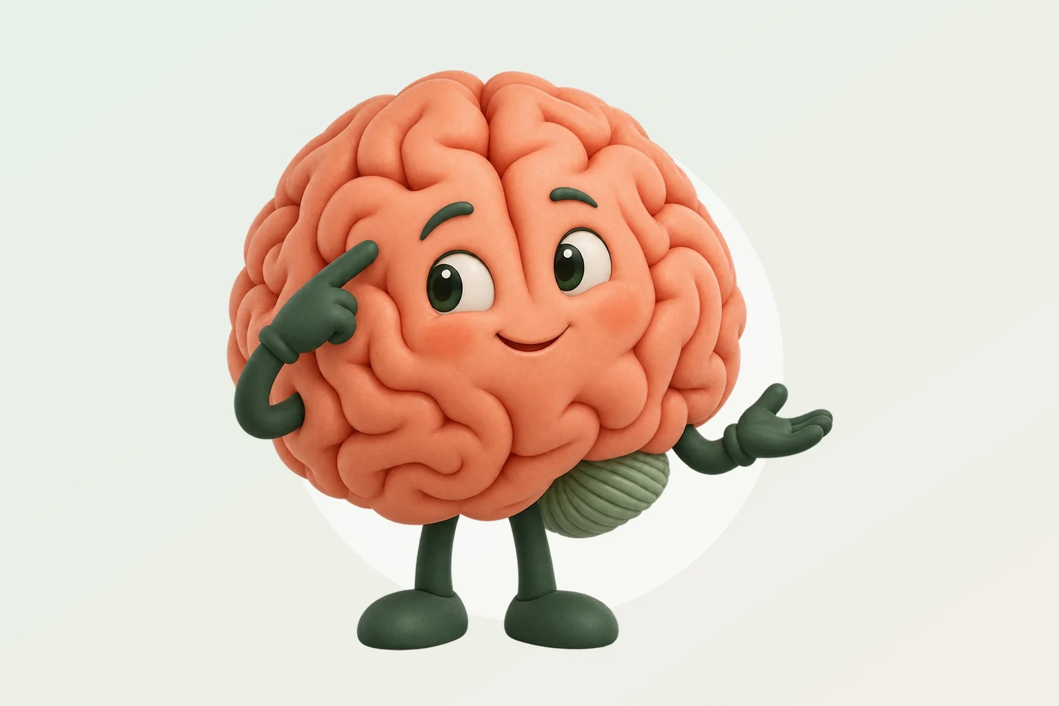 Un cerveau souriant pose un doigt sur sa tempe, l'air de réfléchir.