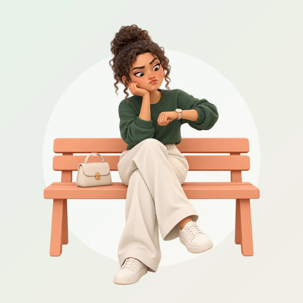 Assise sur un banc, une jeune femme regarde sa montre, un peu impatiente.