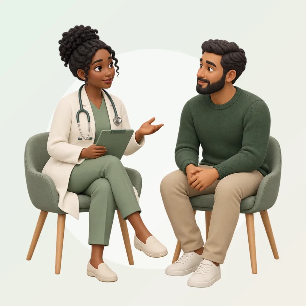 Une médecin explique quelque chose à un homme attentif, assis face à elle.