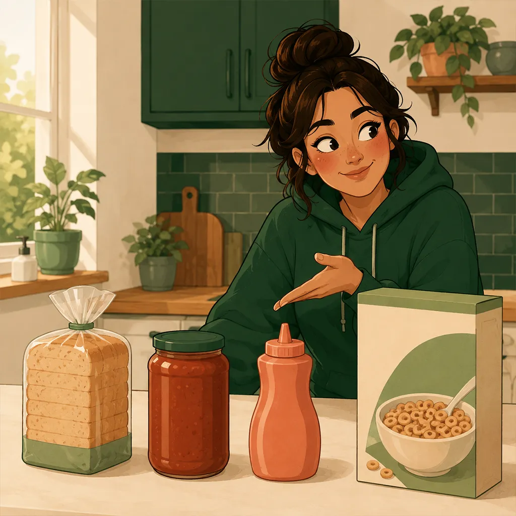 Le personnage désigne d'un geste amusé un pain, un pot de sauce tomate, du ketchup et une boîte de céréales alignés sur le plan de travail.