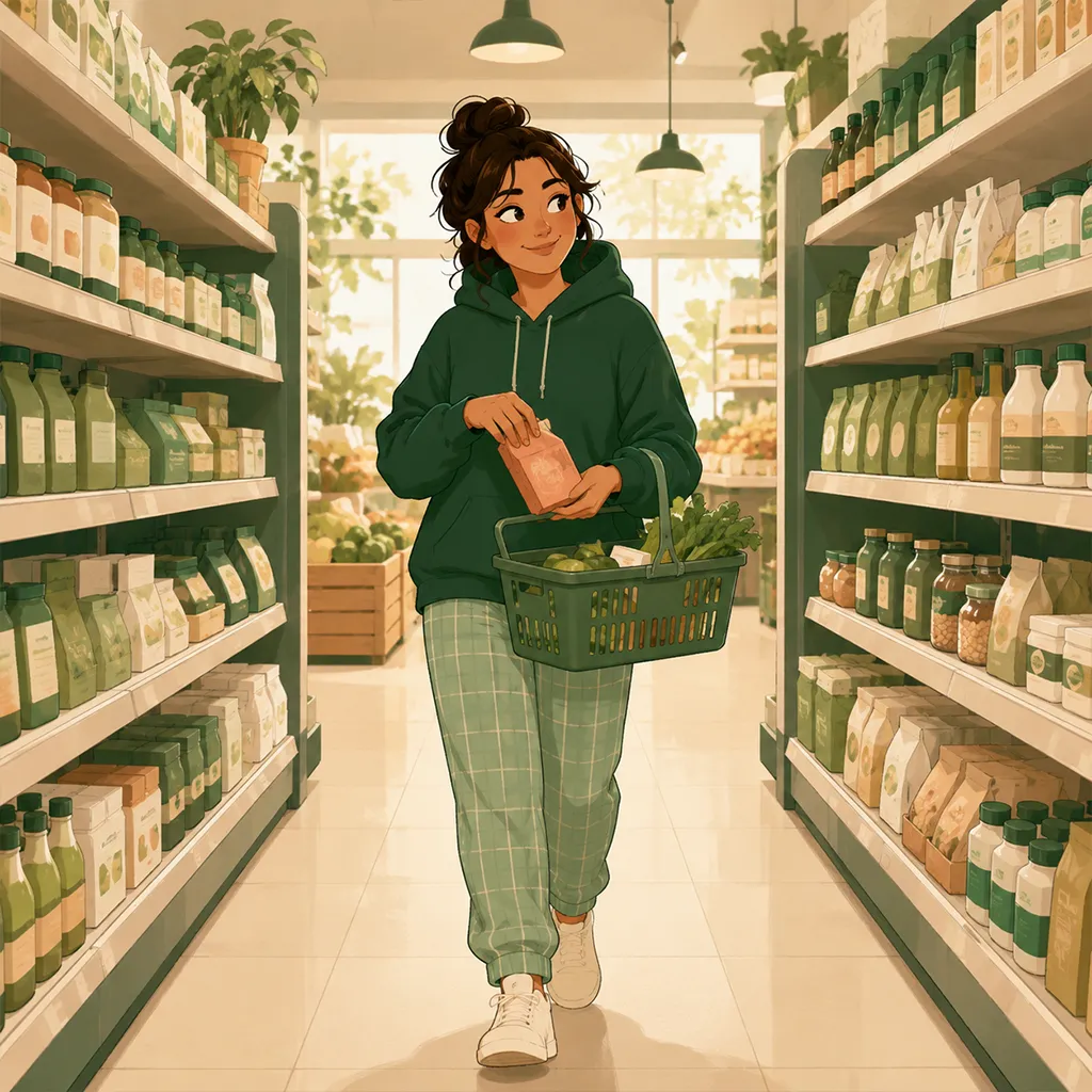 Le personnage marche détendu dans un rayon d'épicerie, panier au bras, et pose un article avec un sourire tranquille et sûr de lui.