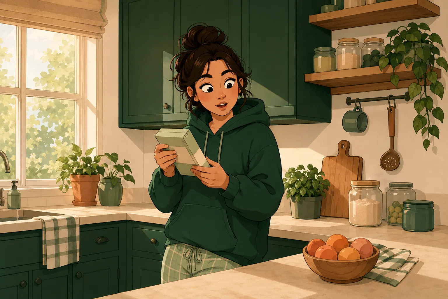 Le personnage retourne un produit emballé dans une cuisine crème pour lire l'étiquette au dos, sourcils levés, surpris et curieux.