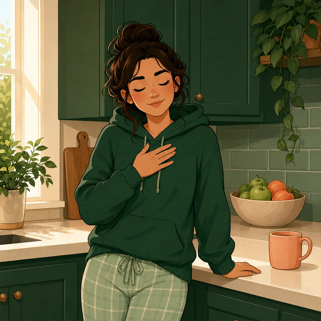 Dans la cuisine, la jeune femme ferme les yeux et pose une main sur son cœur pour respirer et apaiser une tension.