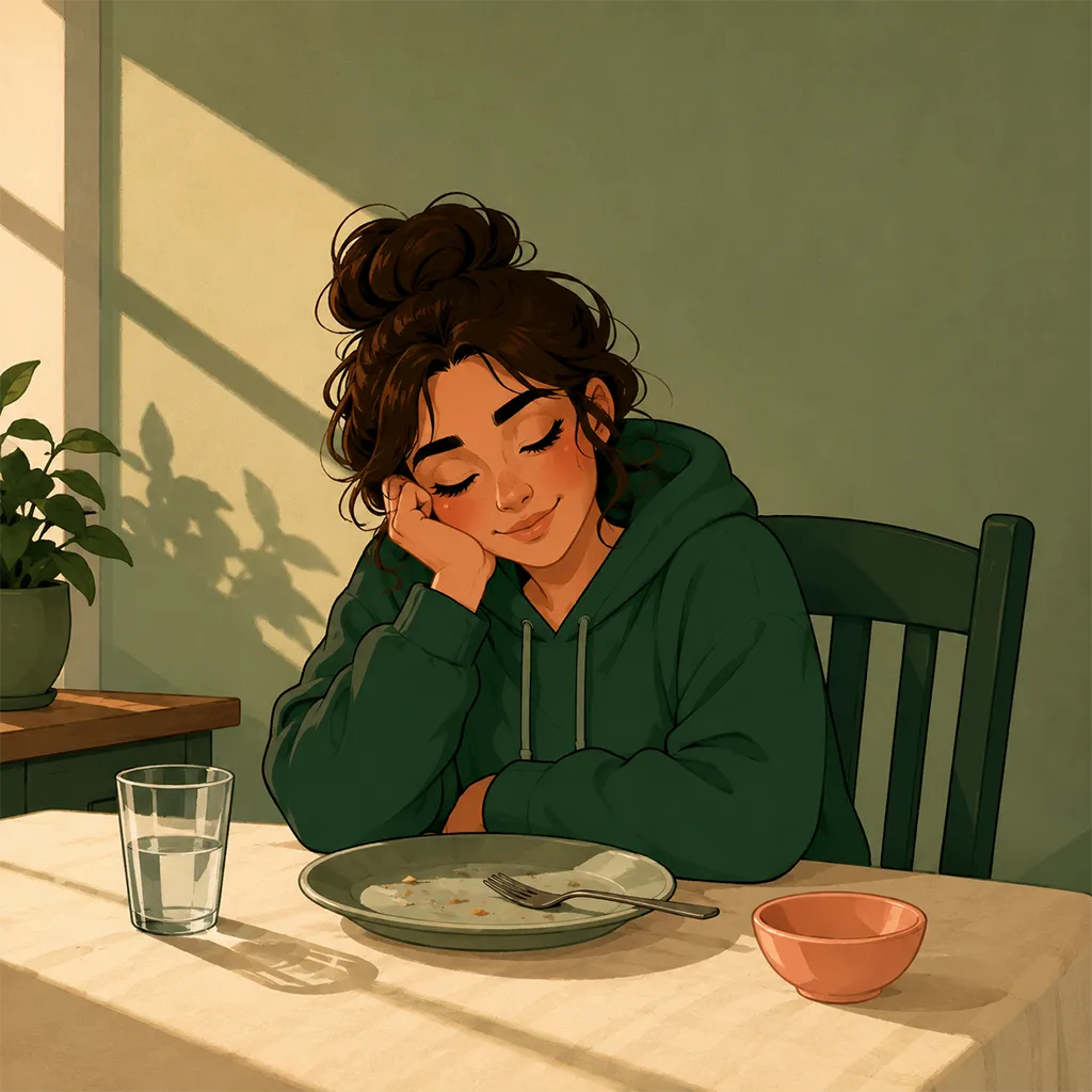 Après le repas, la jeune femme pose sa joue dans sa main, les yeux lourds, dans la lumière chaude de l'après-midi.