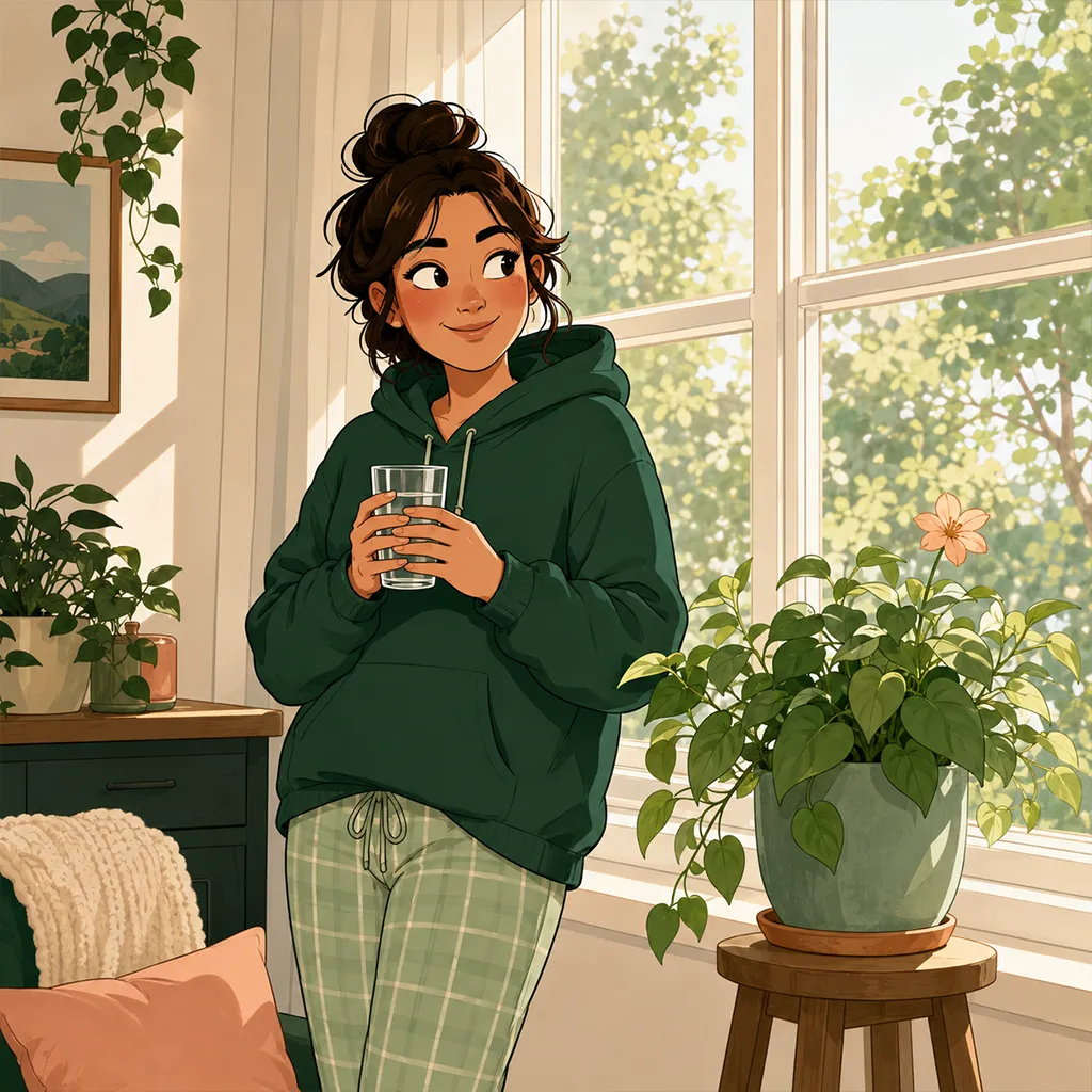 Près d'une fenêtre lumineuse, la jeune femme sourit, apaisée, un verre d'eau en main et une plante verte à ses côtés.