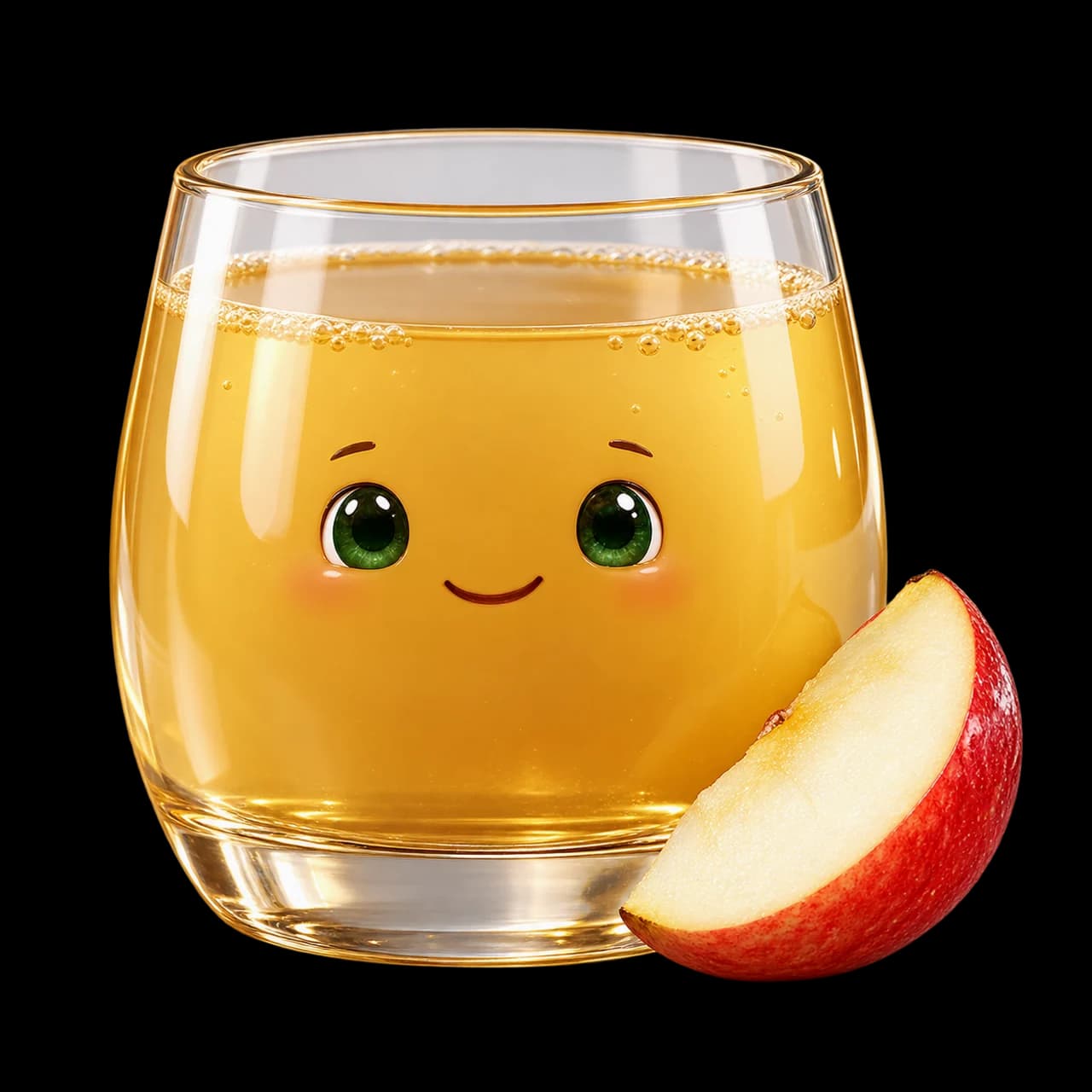 Illustration d’un verre souriant de jus de pomme doré accompagné d’un quartier de pomme.