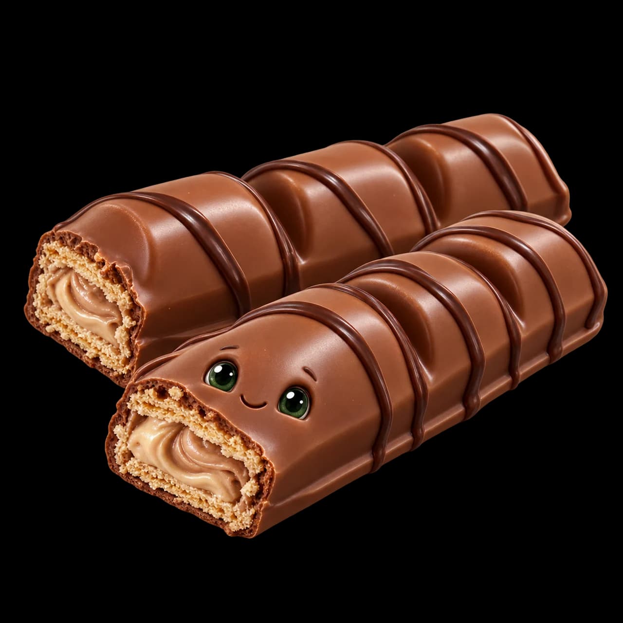 Illustration de deux barres de gaufrette chocolatée Kinder Bueno, avec un petit visage et un cœur noisette visible.
