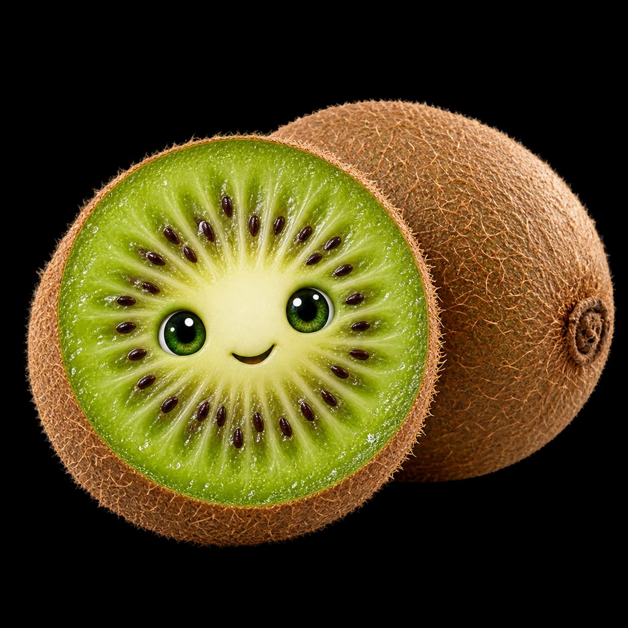 Illustration d’un kiwi coupé vert souriant avec ses petits pépins et un kiwi entier derrière.