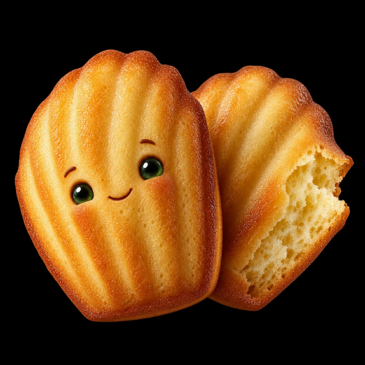 Illustration de deux madeleines dorées dont une souriante, avec une mie moelleuse visible.