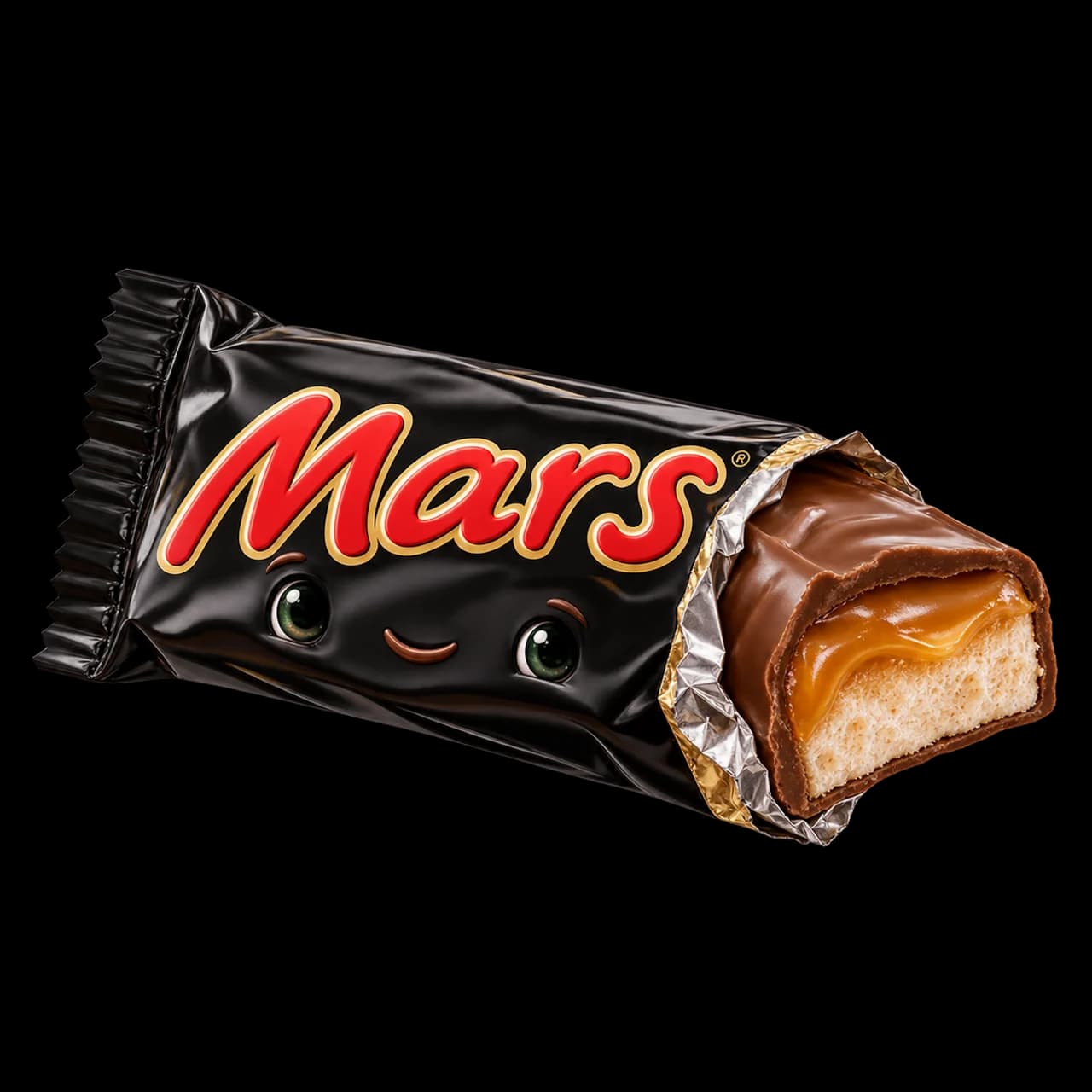 Illustration d’une barre Mars souriante, partiellement déballée, avec son nougat et son caramel visibles.
