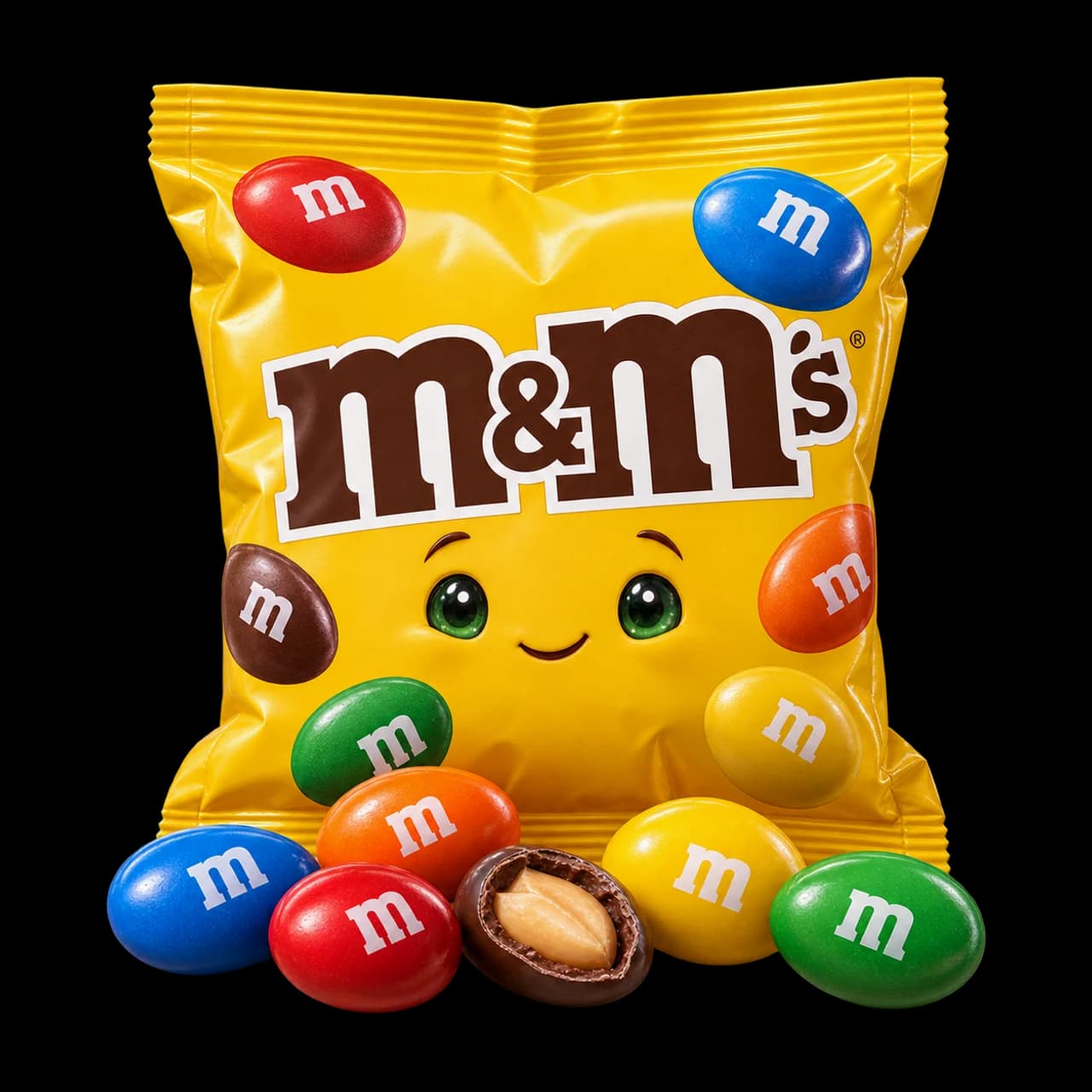 Illustration d’un sachet jaune M&M’s souriant avec des bonbons colorés, dont un ouvert montrant une cacahuète.