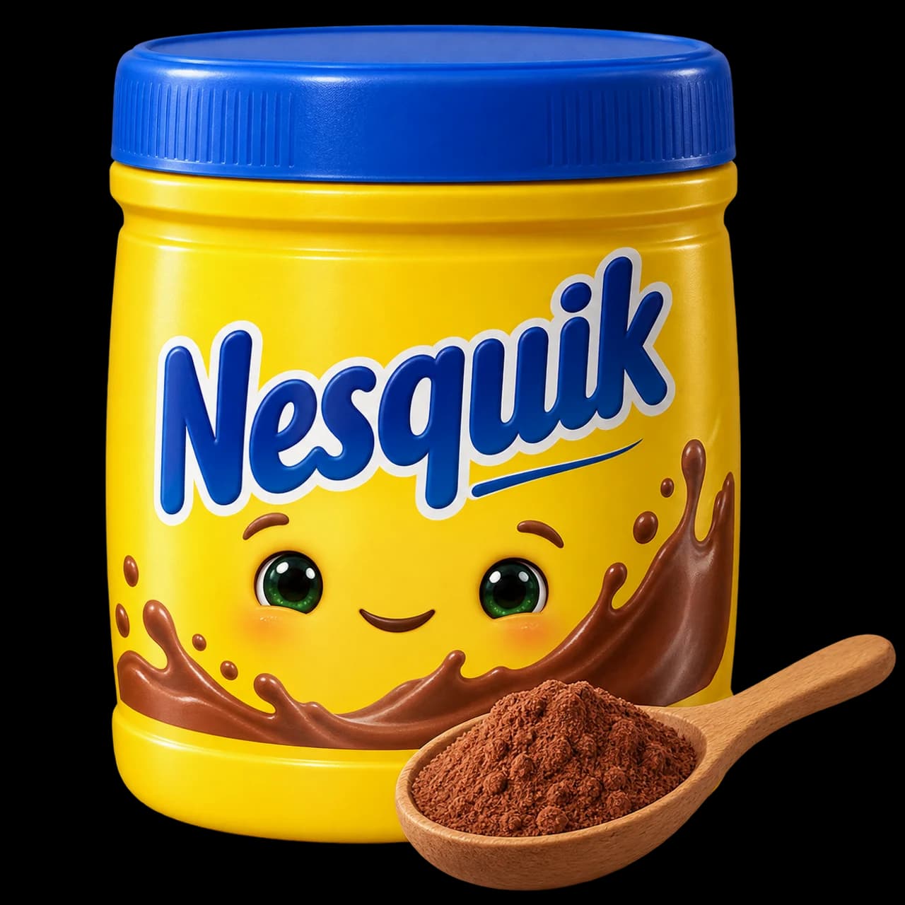 Illustration d’une boîte jaune Nesquik souriante avec une cuillère de poudre cacaotée.