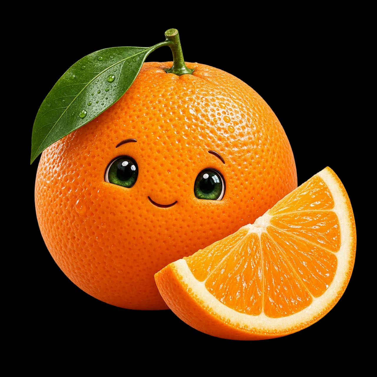 Illustration d’une orange souriante avec une feuille verte et un quartier montrant sa pulpe.