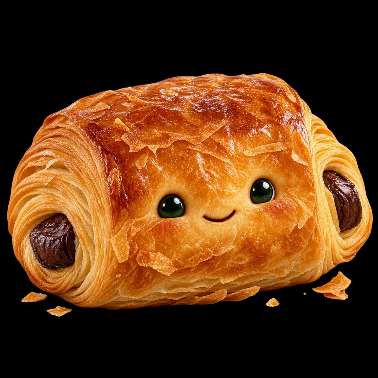 Illustration d’un pain au chocolat doré souriant, avec les deux extrémités de chocolat visibles.
