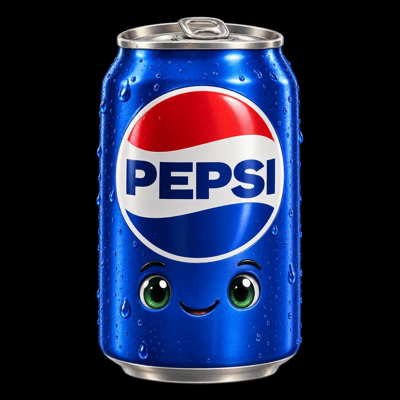 Illustration d’une canette bleue Pepsi avec un petit visage souriant.