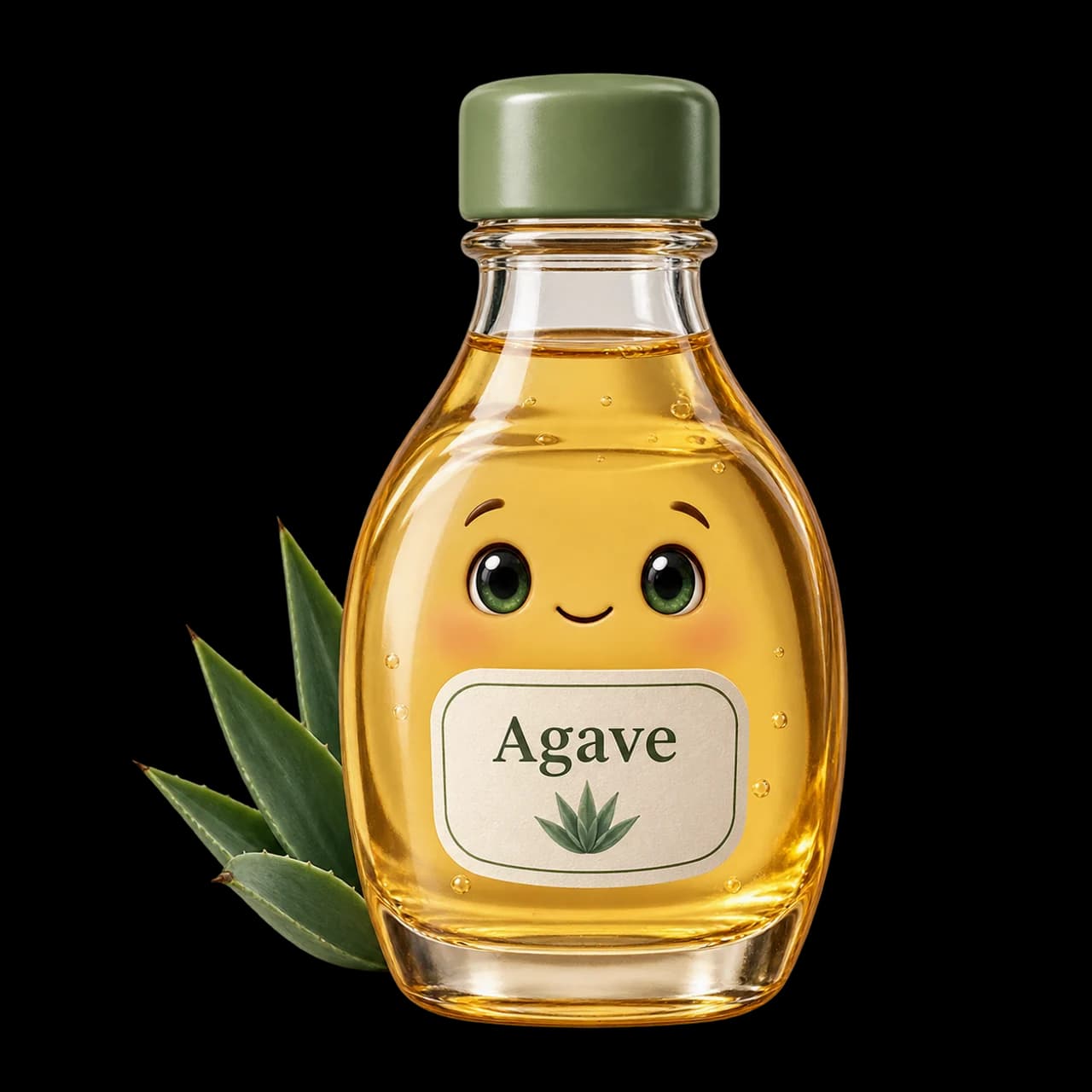 Illustration d’une bouteille souriante de sirop doré étiquetée Agave, accompagnée de feuilles d’agave.