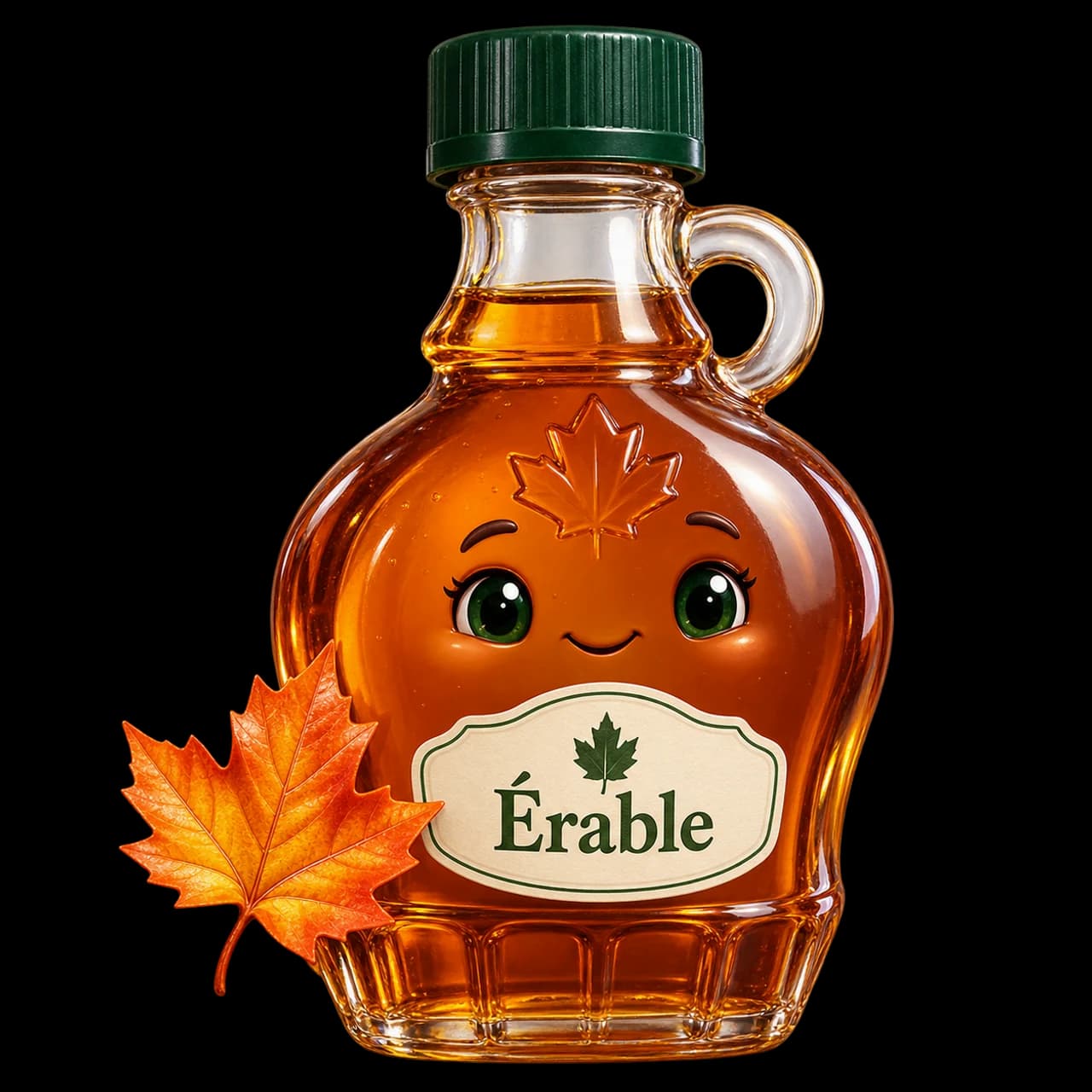 Illustration d’une bouteille de sirop d’érable ambré souriante, avec une petite feuille d’érable.