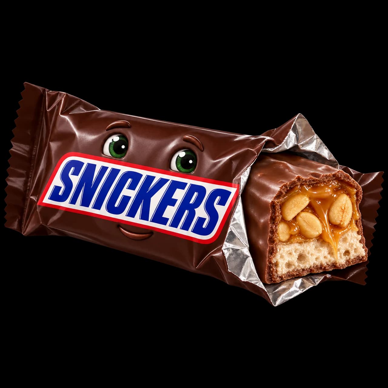 Illustration d’une barre Snickers souriante partiellement déballée, montrant caramel, cacahuètes et nougat.