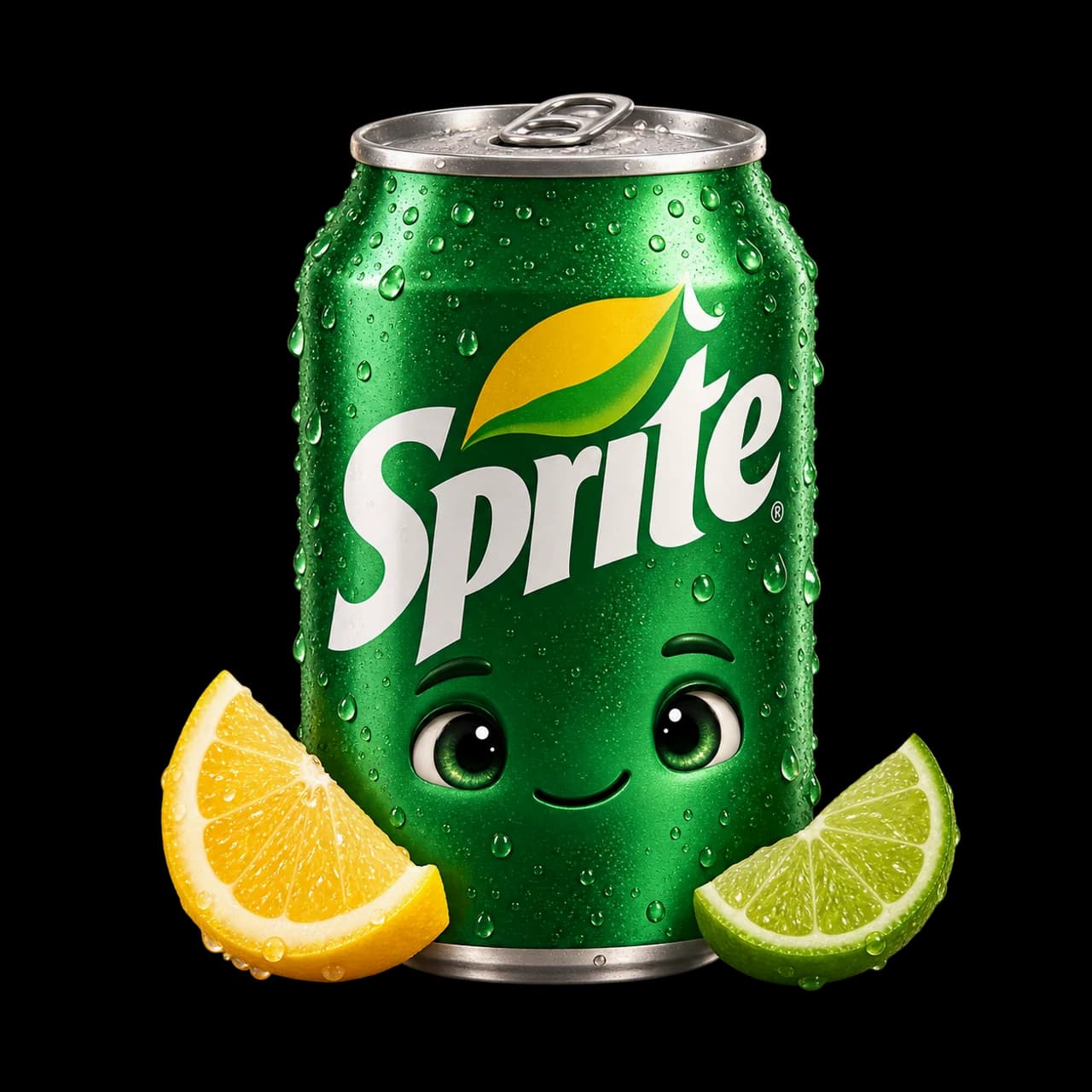 Illustration d’une canette verte de Sprite souriante avec des quartiers de citron et de citron vert.