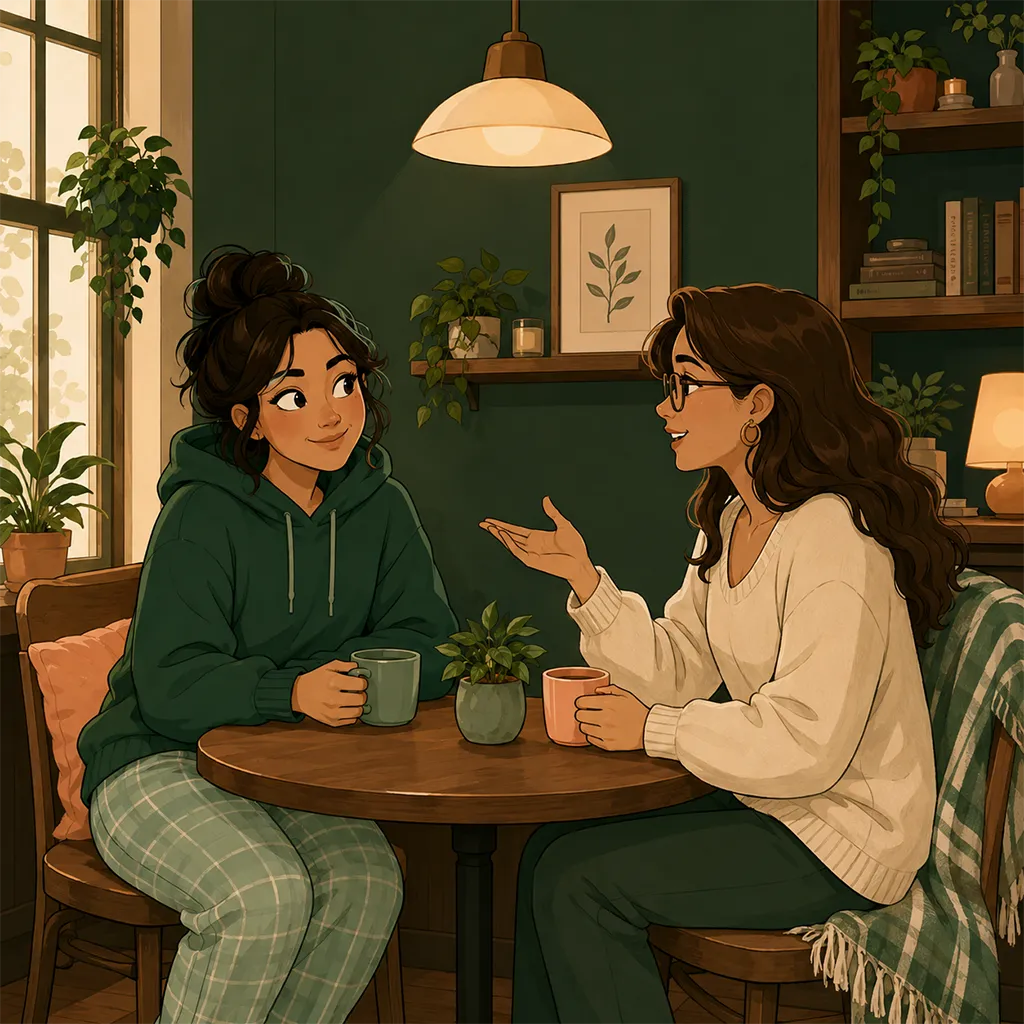 Le personnage, attablé face à une interlocutrice attentive, parle en confiance autour de deux mugs, dans une ambiance chaleureuse.
