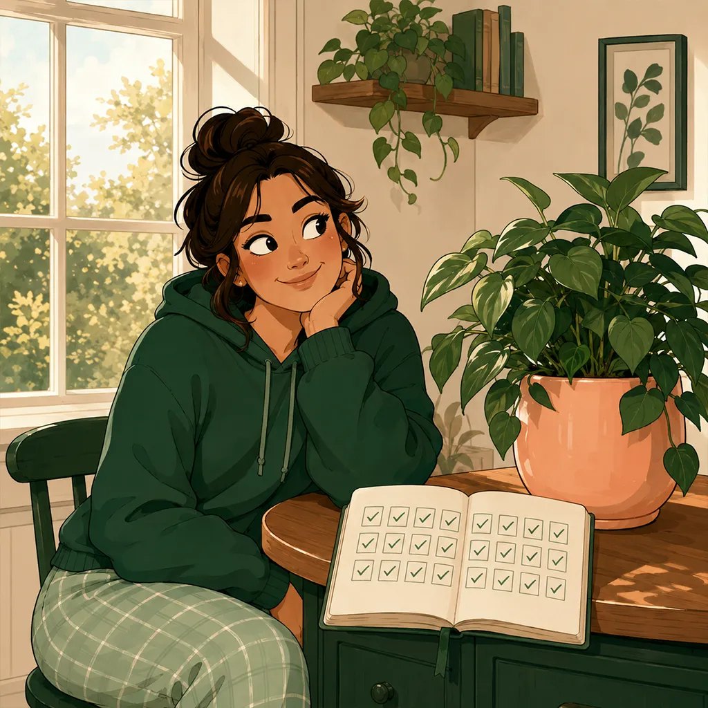 Près d'une fenêtre lumineuse, le personnage contemple avec fierté tranquille une plante épanouie et un calendrier entièrement rempli, le défi accompli.