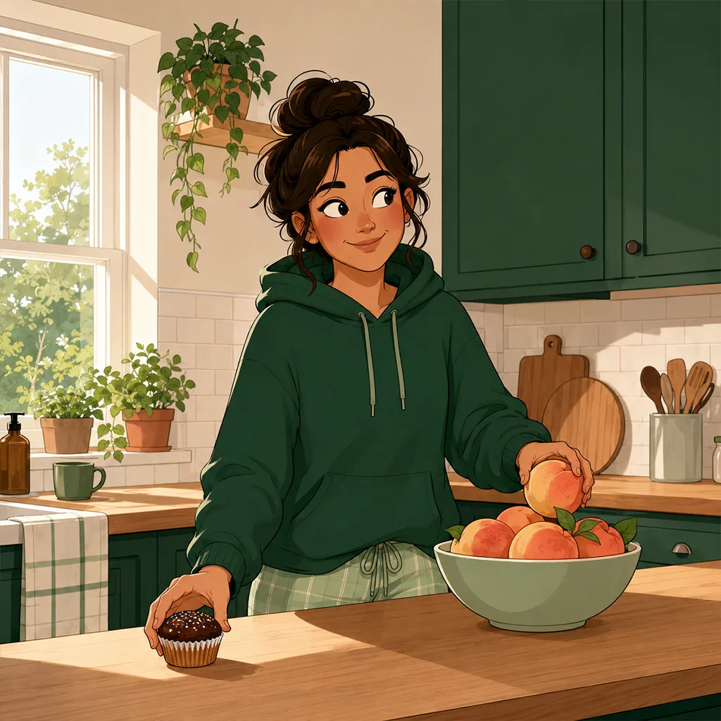 Dans une cuisine lumineuse, le personnage remplace en douceur une friandise sucrée par un fruit frais, un sourire léger et sans privation.