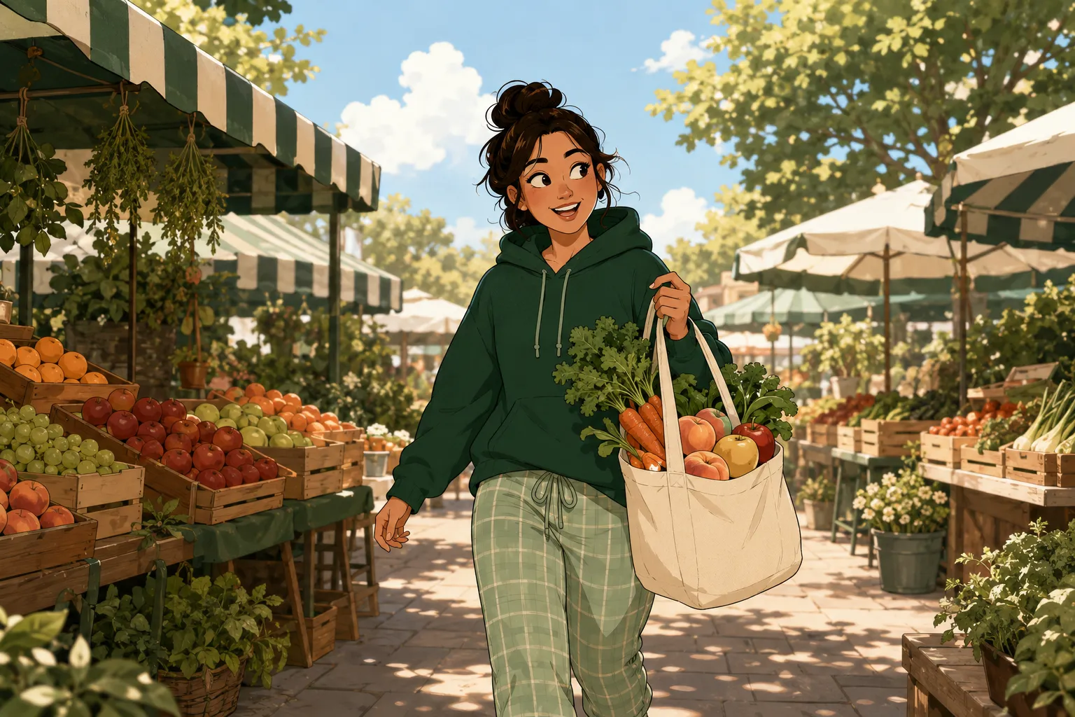 Le personnage marche plein d'energie dans un marche ensoleille, un tote de fruits et legumes frais a la main, grand sourire vital.