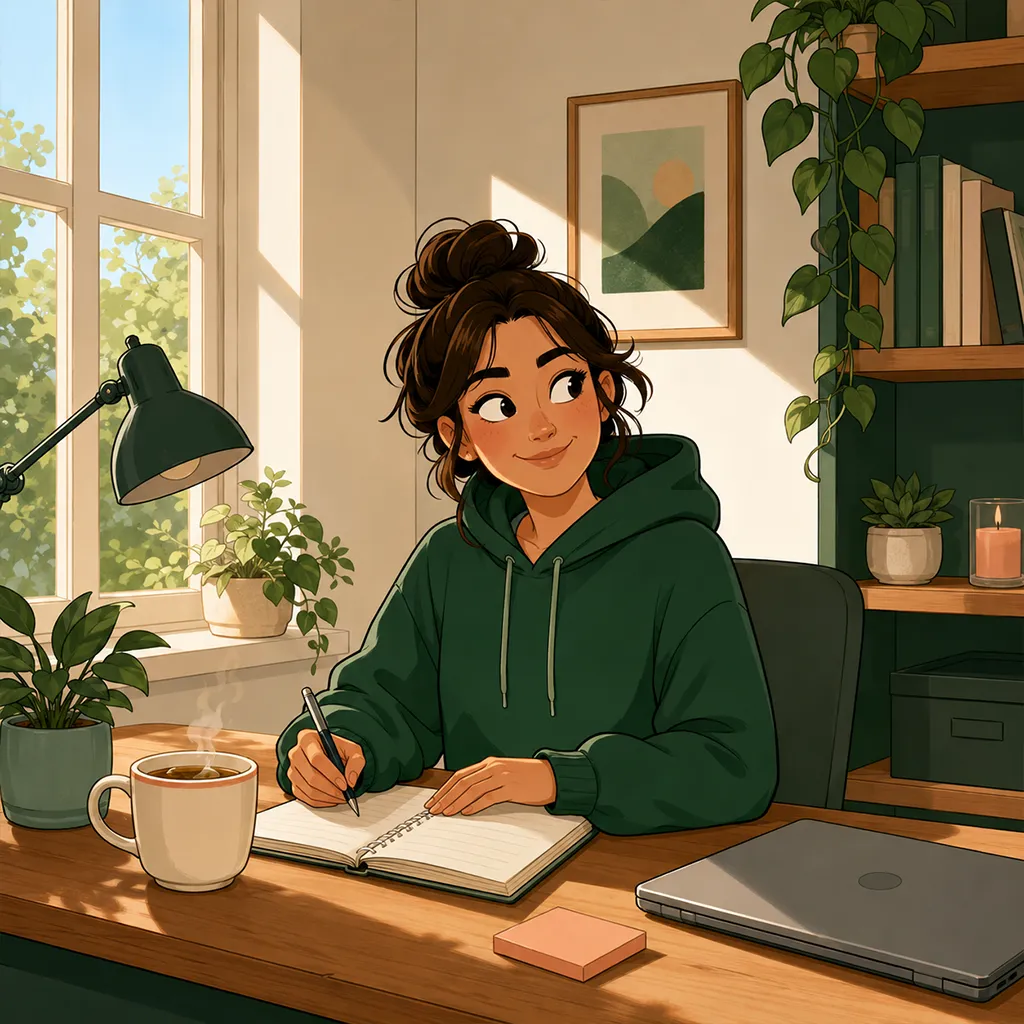 Le personnage travaille au bureau pres d'une fenetre, concentre et serein, une tisane et une petite plante a cote, energie stable.