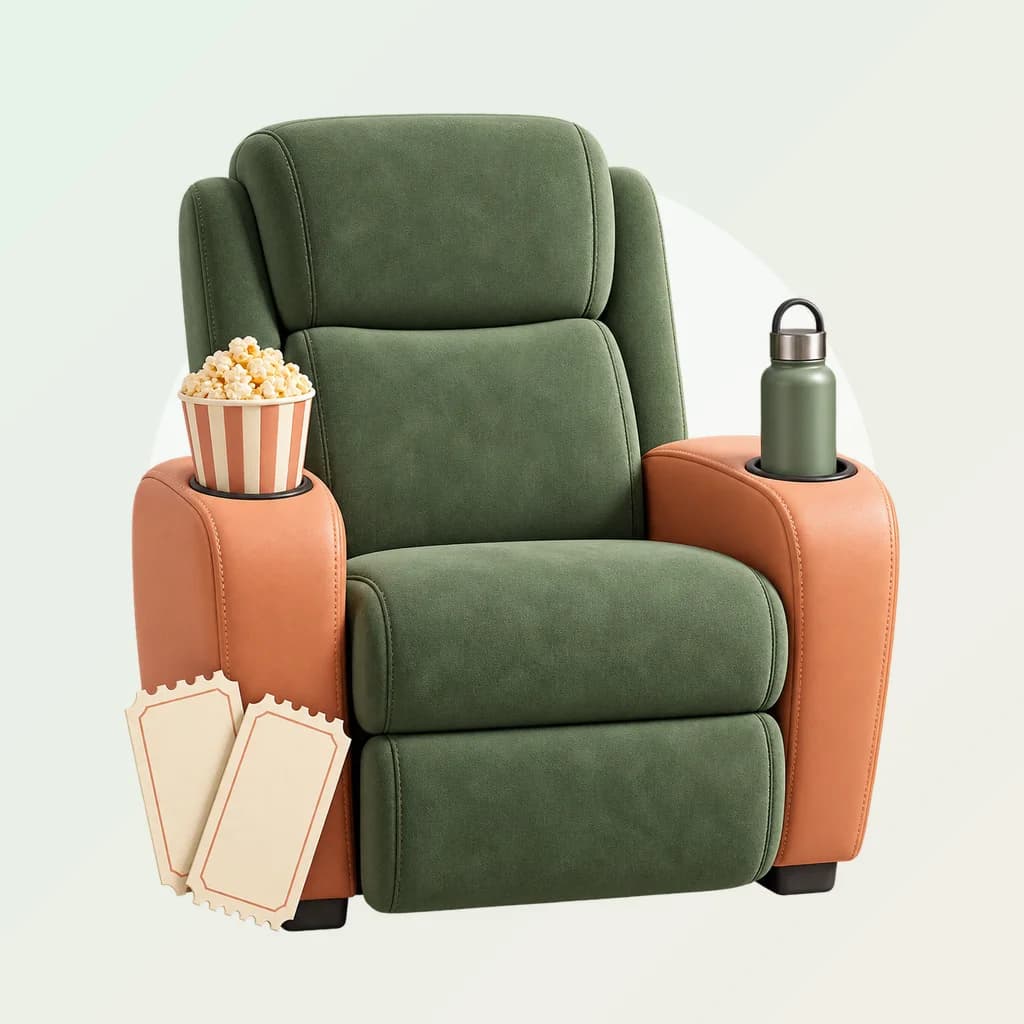 Un fauteuil de cinéma vert, avec un pot de pop-corn et une gourde posés sur les accoudoirs.