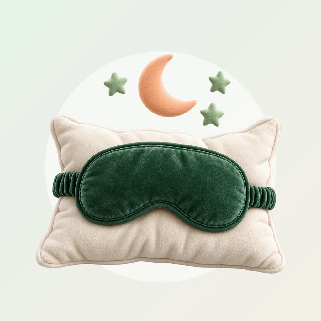 Un oreiller et un masque de nuit vert, sous une lune et des étoiles.