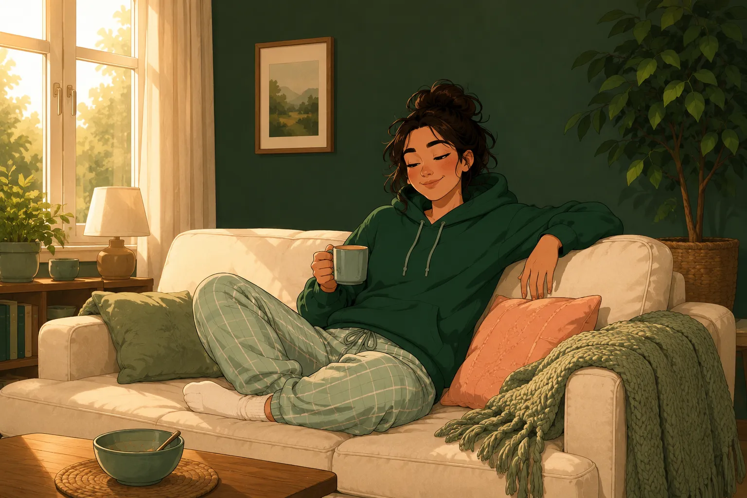 Le personnage, détendu sur un canapé crème, souffle lentement avec un demi-sourire apaisé, un petit bol vide sur la table basse.