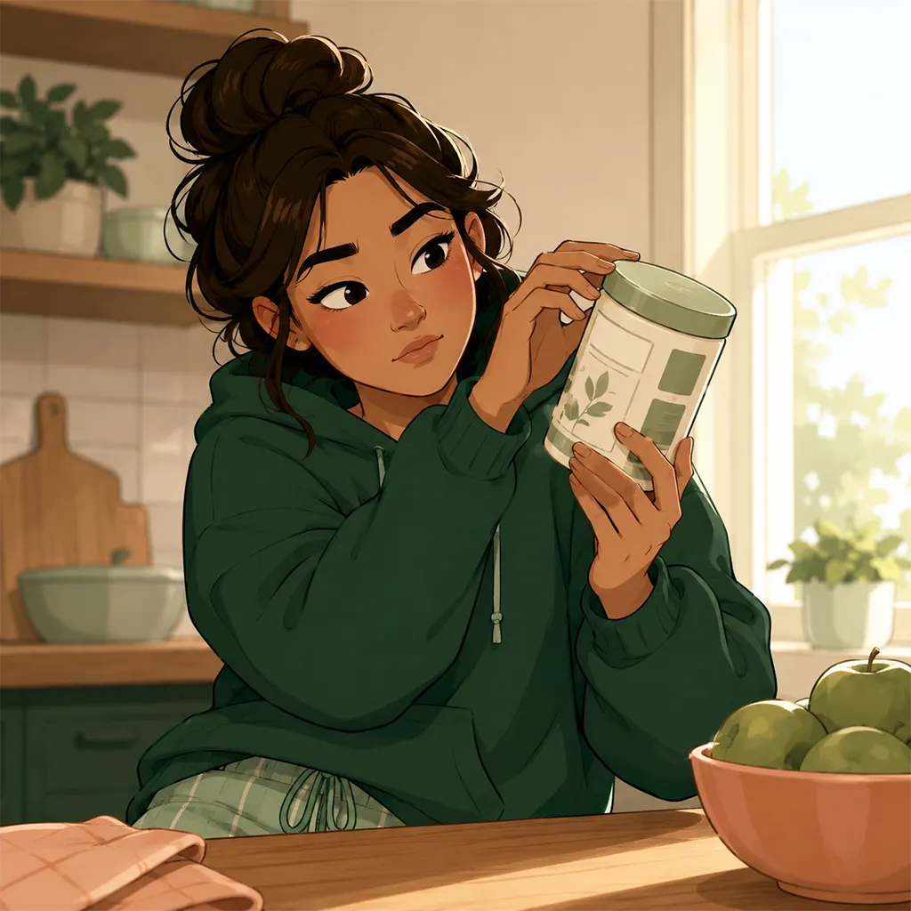Le personnage lève un produit vers la lumière pour lire attentivement son étiquette dans la cuisine.