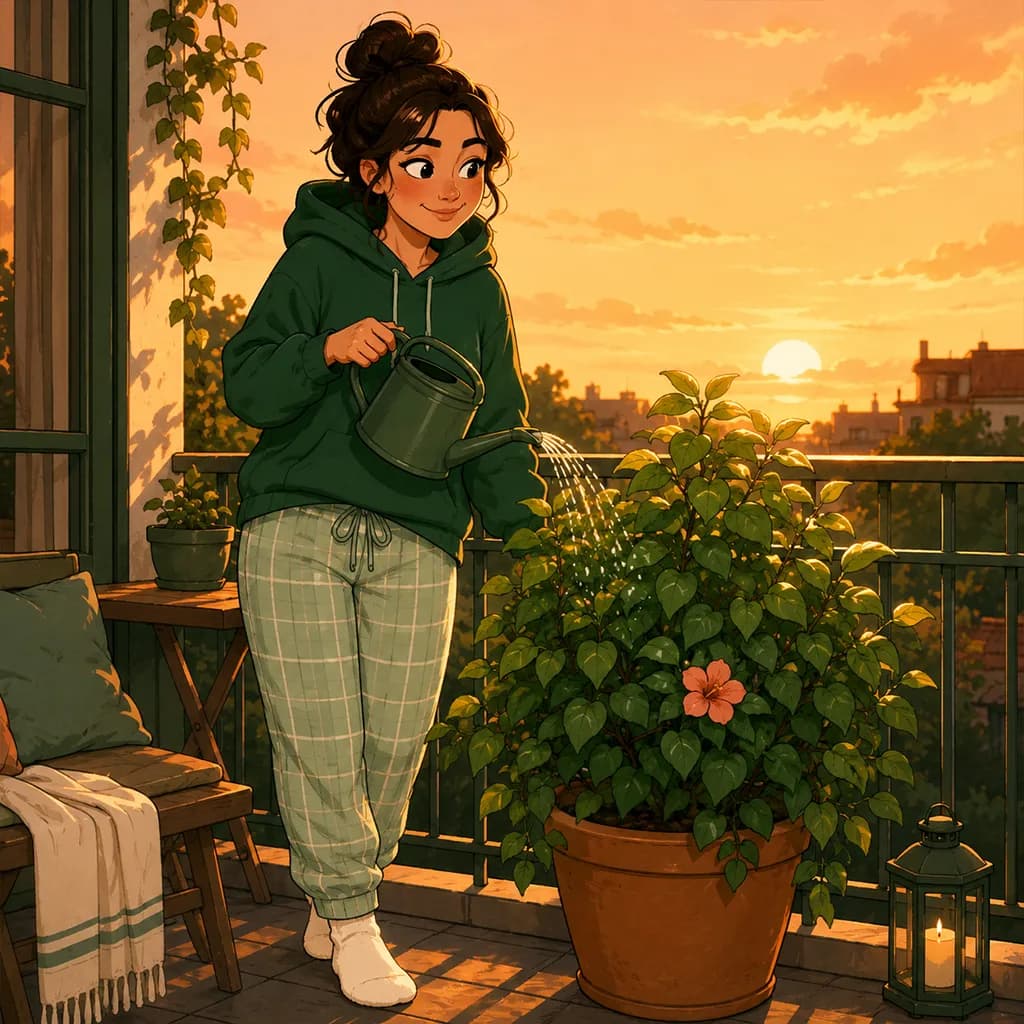 Le personnage arrose une plante florissante sur son balcon au coucher du soleil, serein et paisible.