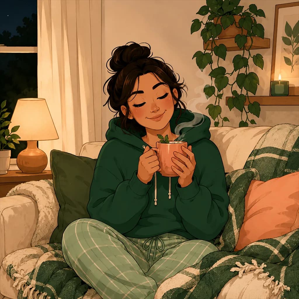 Le personnage savoure une tisane chaude sur le canapé le soir, apaisé, sans culpabilité.